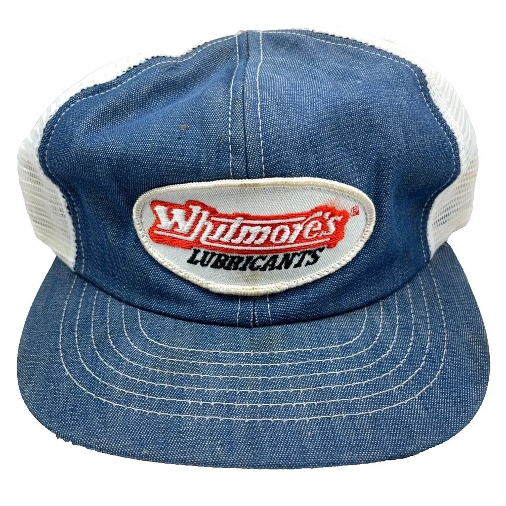 Vintage Swingster Trucker Hat Cap Snapback Denim‎ USA Patch Whitmores Oil 80s AS